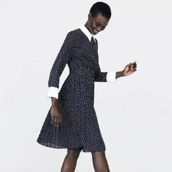 Zara Polka Dot Pleated Dress Navy Blue White Collar Cuffs Size Small Retro - Picture 4 of 13